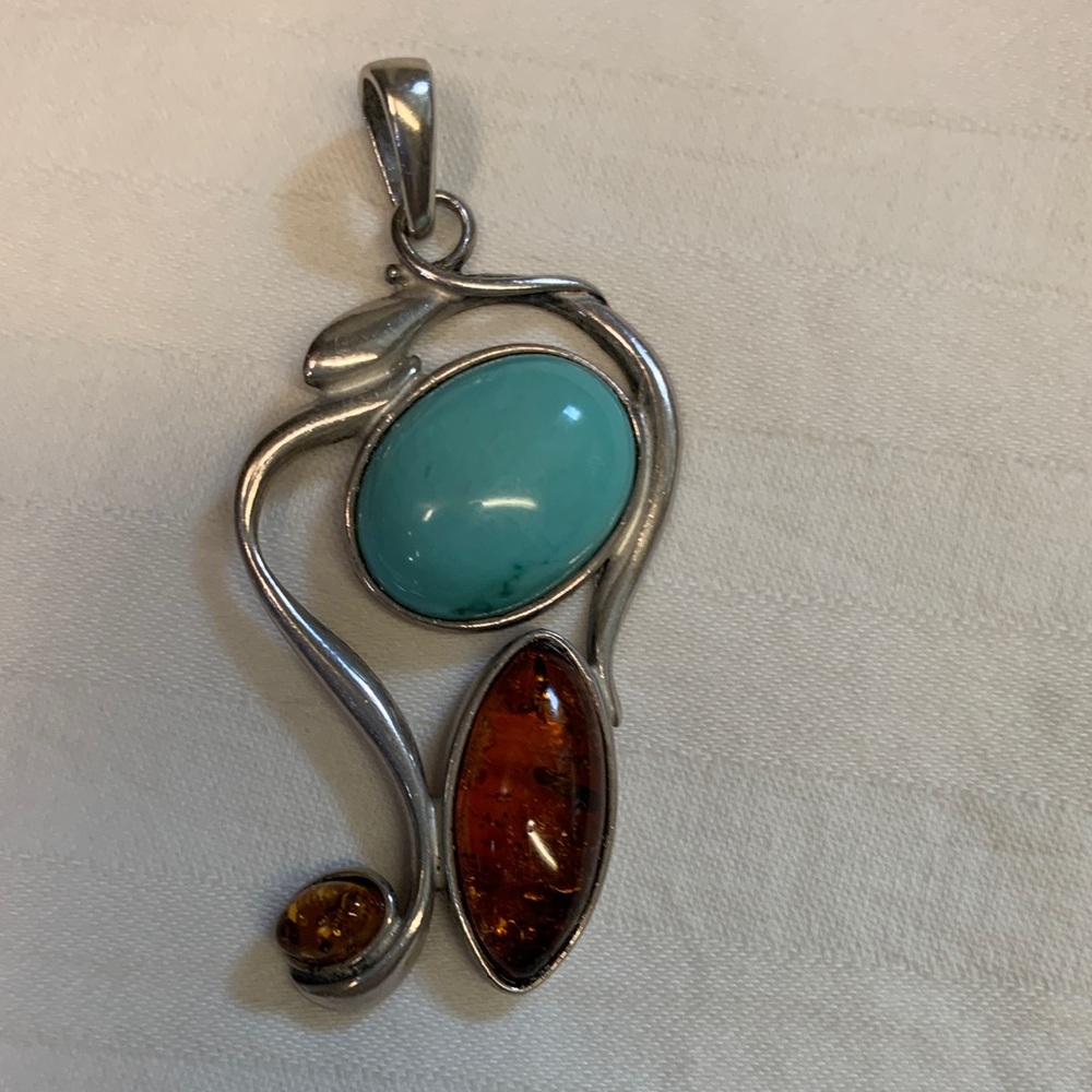Genuine Turquoise and Amber Sterling Silver Pendant